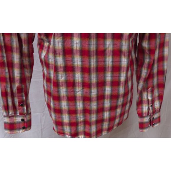 Cowboy Hardware Mens Medium Red Plaid Embroidered Steer Skull Pearl Snap Shirt - Picture 9 of 12